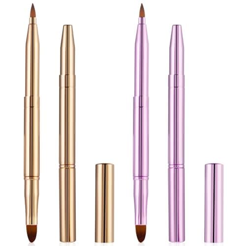 Image of 2 Pcs Lip Brush for Lipstick, Double Ended Retractable Lipstick Brush with Cap Reusable Versatile Lip Applicator Wands for Lips Gloss, Eyeshadow Include Lid (Gold and Pink)