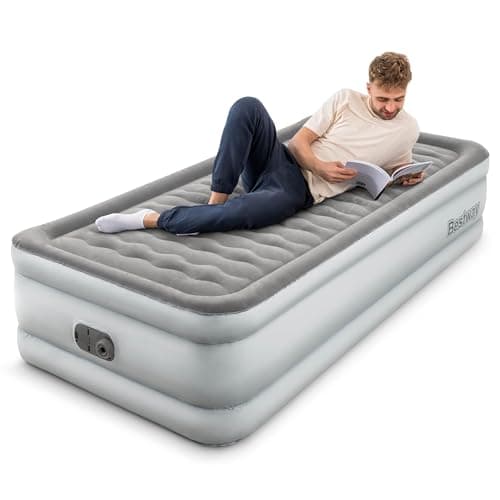 Image of Bestway TriTech Single Size Air Bed, Airbed with Built-in Electric Pump, Fast Inflation, Wave Beam Support Mattress with Storage Bag, Grey