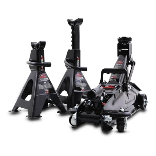 Image of Hawk 2.0 Tonne Hydraulic Trolley Car Jack 2x Lockable Ratchet Axle Stand Kit | Stand: Height 282-424 mm | Jack: Height 131-338 mm, Item Weight 15 kg, Lift Limit 2,000 kg