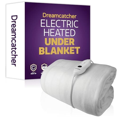Image of Dreamcatcher Single Electric Blanket 193 x 91cm, Fully Fitted Soft Polyester Electric Blanket, Underblanket Mattress Cover, 3x Heat Settings, 1x Controller and Machine Washable White Heated Blanket