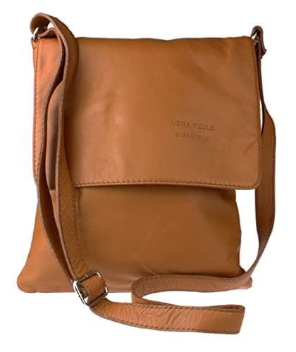 Image of Girly Handbags Womens Genuine Soft Leather Italian Cross Body Messenger Bag Vera Plelle Shoulder Bag Flap Zipper - Light Tan