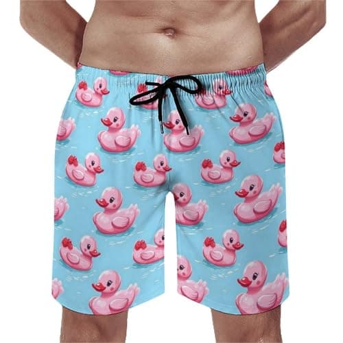 Image of Bowtie Duck Pink Print Summer Shorts Comfort Swim Trunks Quick-Drying Board Shorts for Home Pool Travel M