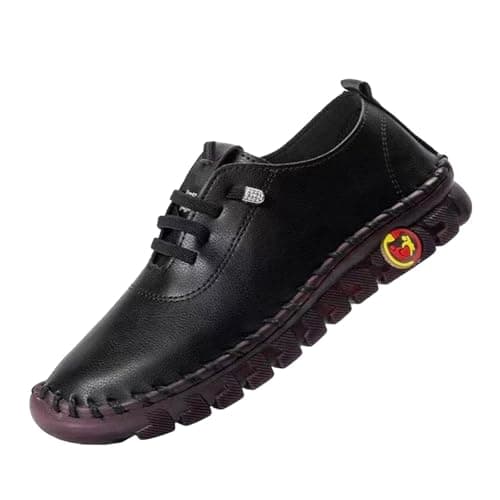 Image of 2026 Handmade Leather Shoes Casual Shoes Women's Hiking Shoes Flat Sole Walking Shoes Plain Fitness Shoes with Lacing Low Shoes Breathable Slip-On Shoes Comfortable Outdoor Shoes, black, 8.5 UK