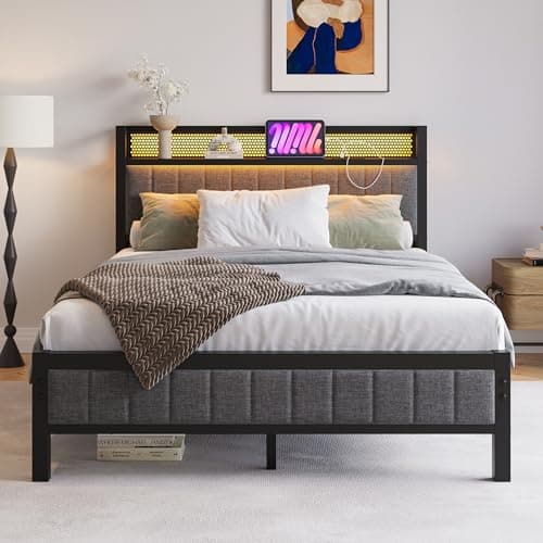 Image of BORPHOM Double Bed Frame with Wooden Storage Headboard,Charging Station,LED Lights,Metal Platform Upholstered Bed Frame Double Bed with Strong Metal Slats No Box Spring Needed,Under Bed Storage,Grey