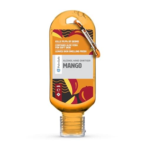 Image of Palm Safe Mango 60ml Anti Bacterial Premium Hand Sanitiser Travel Size Refillable Clip Bottle Quick Drying Non Sticky Extra Moisturising Kills 99.9% of Viruses and Bacteria