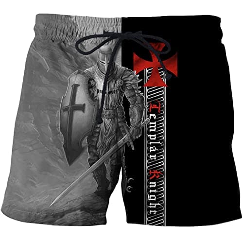 Image of WAVOTIQ Men 3D Printed Knights Templars Beach Board Shorts Quick Dry Outdoor Casual Swim Trunks Loose Fit Swimming Shorts