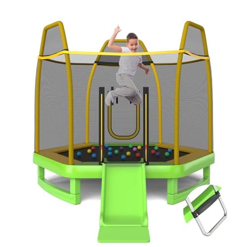 Image of COSTWAY 7ft Kids Trampoline, Hexagonal Trampolines with Slide, Ladder, Safety Enclosure Net and Ocean Balls, Toddler Jumping House for Indoor Outdoor (Green + Yellow)
