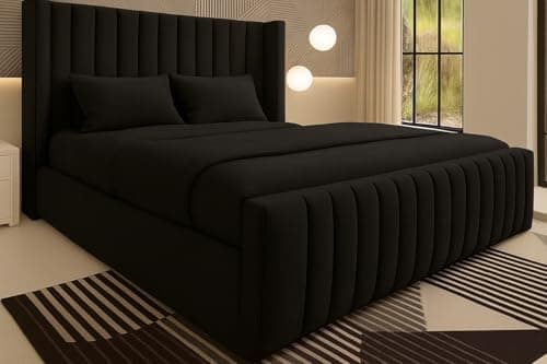 Image of Luxury Chesterfield Winged Panel Bed Frame |- Double King Superking Sizes - Optional Gas Lift & Mattress - UK Made (Black Plush, Small Double 4ft Bed Frame)