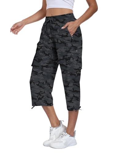 Image of Magritta Women Cropped Trousers Cargo Summer Capri Pants Joggers Ladies Pants 3/4 Length Sweatpants Outdoor Casual Hiking Trousers with Pockets Camo Black XX-Large, 22-24