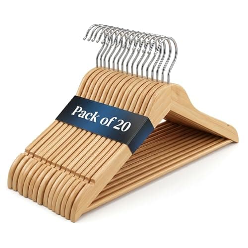 Image of Premium Strong Brown Wooden Coat Hangers, Pack of 20 Heavy Duty Solid Wood Hangers with Non Slip Trouser Bar, 360° Rotating Hook, Space Saving Closet Organizer for Clothes, Coats, Suits & Jackets