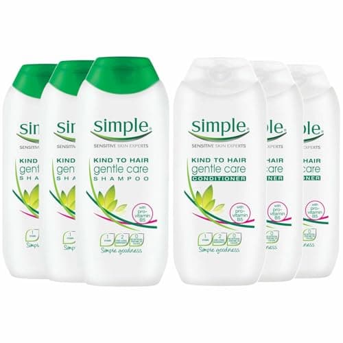 Image of Simple Kind to Hair Gentle Care Shampoo or Conditioner, 3 x 200ml Each | Mild & Nourishing Formula for Sensitive Scalp | Daily Use Hair Care | Vegan, Cruelty-Free & No Harsh Chemicals