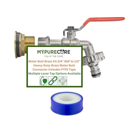 Image of MYPURECORE Water Butt Brass Kit 3/4" BSP to 1/2" – Heavy-Duty Brass Tank Connector with PTFE Tape & Lever Tap Options – Rainwater Harvesting, Barrels & IBC Containers ((Quick Connect Outlet))