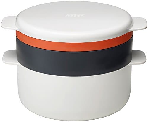 Image of Joseph Joseph M-Cuisine Microwave 4-Piece Stackable Cooking Set, 2 litre cooking pot, steamer, griddle and lid, Orange/Beige