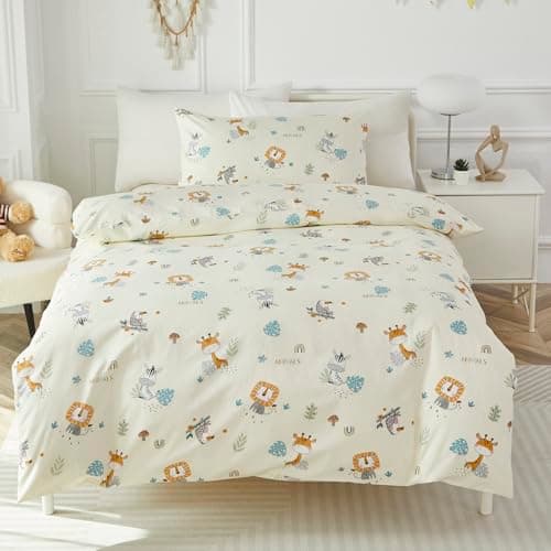 Image of HMtideby Toddler Kids Bedding Set for Girls and Boys, Safari Animal Cot Bed Duvet Cover with Pillowcase, 2 pcs, 120 x 150 cm