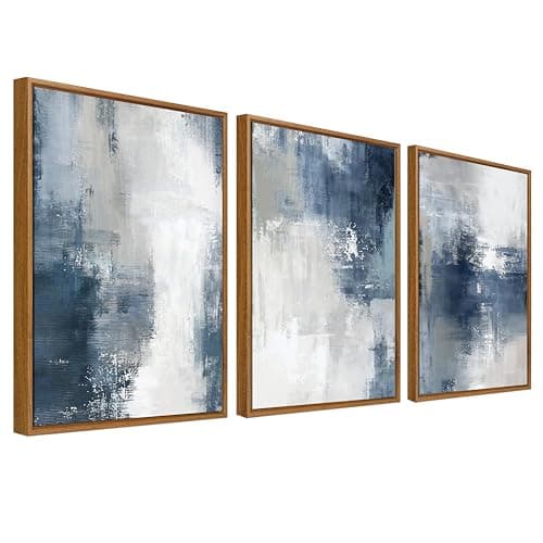 Image of Framed Canvas Wall Art Set of 3 Nordic Abstract Painting Canvas Prints for Wall Poster Blue Grey White Minimalist Pictures for Living Room Bedroom Dinning Room Hallway 30x40cm x3pcs (No Acrylic Glass)
