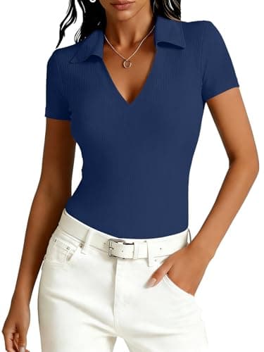 Image of Dressmine Ladies Jumpers Short Sleeve Polo Shirt Chocolate Dark Blue Workout Hiking Tops Going Out Basic Y2K Fashion Blouse Size 14