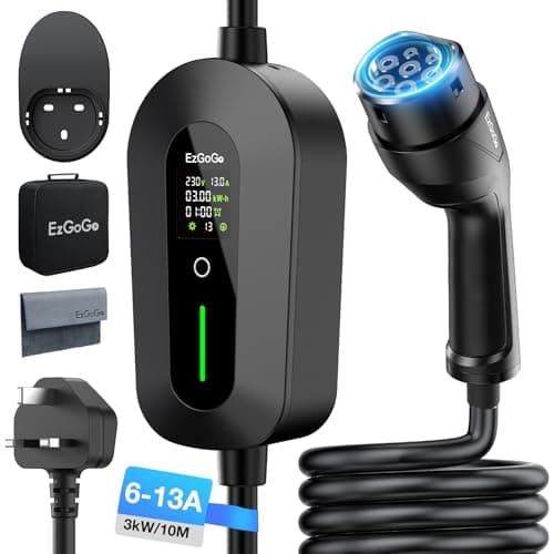 Image of EzGoGo EV Charger Cable Type 2 to 3 Pin Plug 32.81Ft/10M Electric Car Charger 3kW, [6/8/10/13A] Type 2 Charging Cable 3 Pin EV Charger IP65 Advanced Protection Suitable for EVs & PHEVs