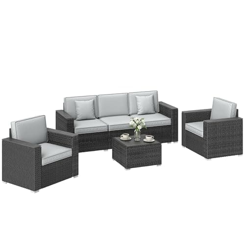 Image of Outsunny Luxury 5 Seater Rattan Garden Furniture Set, Outdoor Heavy Duty Patio Conversation Set with Sofa, Armchairs, 58W x 58Dcm Seating, Acacia Wood-Top Coffee Table, Cushions & Pillows, Dark Grey