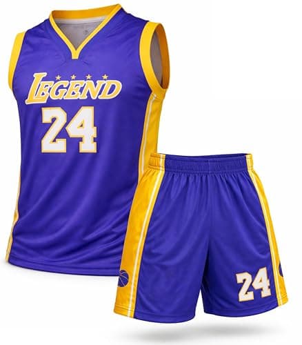 Image of True Threads Kids Basketball Jerseys #24 Mesh Sleeveless Tank Top Shorts for Boys Girls 2PC Athletic Training Uniforms (Purple, 6-8 Years)