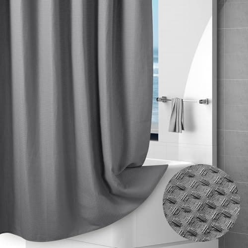 Image of Hotel Style Waffle Weave Shower Curtain, Water Repellent Heavy Duty Fabric Texture Bath Curtain with Weighted Hem, Washable Wet Room Shower Curtains for Bathroom and Bathtub, 183x183cm, Grey
