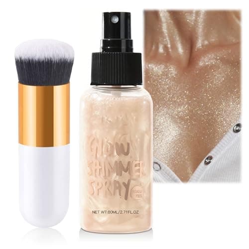 Image of Champagne Gold Body Shimmer Oil Spray with Non-Sticky, Waterproof Formula. Lightweight, Face & Body Glow Illuminator. Includes Makeup Brush for Luminous Highlighter & Radiant Look