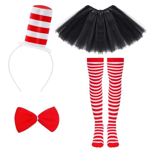 Image of jerbro 4pcs Cat Costume Tulle Tutu Skirts Top Hat Headband Bowtie Striped Tight for World Book Day Costumes Halloween Cosplay Dress Up Party (Black)