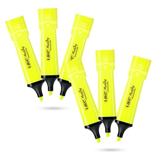 Image of BIC Marking Highlighter Flat Highlighter Marker Pack of 6 Plastic Highlighter Pen with Fluorescent Neon Yellow Ink Highlighter Pens for Smooth Notes Precise Highlights Ideal for School and Office