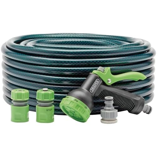 Image of Draper 30m Garden Watering Hose and Spray Gun Kit | Reinforced with Polyester Yarn 12 mm Hose Pipe | 2mm Thickness Heavy Duty PVC Gardening Hose | Long reach | 56447