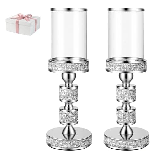 Image of 34.5 cm Tall Pillar Candle Holder with Glass Wind Proof, Hurricane Holders, Silver Crystal Candle Stand for Table Centerpieces, Home Decor, Wedding, Dining Table (M, For pillar candles up to 3"x5")