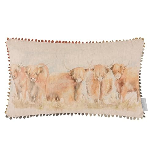 Image of Voyage Maison Highland Cattle Feather Filled Cushion – Linen Blend Hand-Painted Watercolour British Countryside Design (Multicolour - 30x50cm)