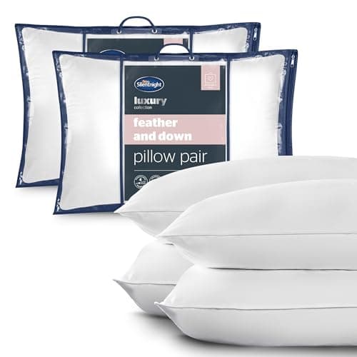 Image of Silentnight Feather and Down Pillows 4 Pack - Luxury Hotel Quality Duck Feather Pillows with Breathable Cotton Cover and Anti-Bacterial - Machine Washable