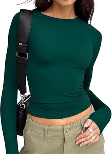 Image of Women's Casual Crop Tops Slim Fit Top Crew Neck Long Sleeve Tight T-Shirt Basic Blouse Tee Tops(Dark green-10,S)