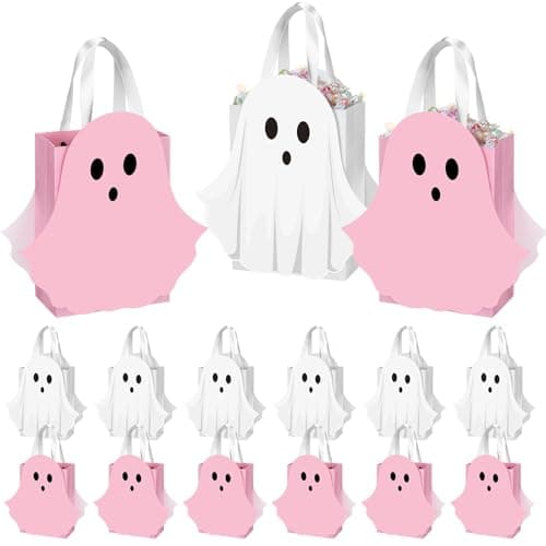 Image of Sweetude 12 Pcs Halloween Ghost Paper Gift Bags Pink and White Ghost Shaped Goodie Candy Bags Bulk with Handles Trick or Treat Party Favor for Holiday Spooky Birthday Party Gift Wrap Supplies