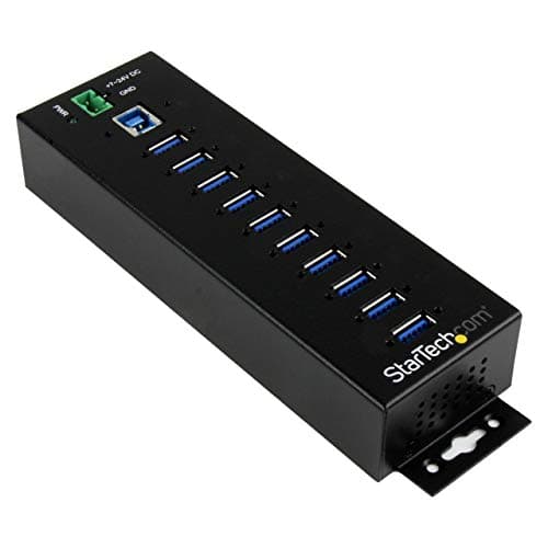 Image of StarTech.com 10 Port USB Hub with Power Adapter - Surge Protection - Metal Industrial USB 3.0 Data Transfer Hub - Din Rail, Wall or Desk Mountable - High Speed USB 3.1 Gen 1 5Gbps Hub (HB30A10AME)