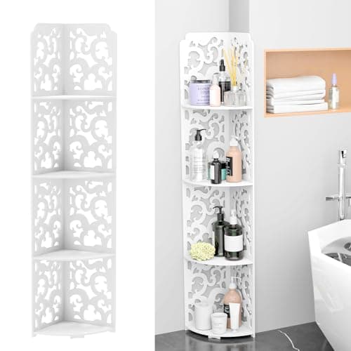 Image of Yiyai 4 Tier Bathroom Corner Cabinet Storage Unit White, Floor Standing Shower Caddy Corner Shelf, PVC Waterproof Storage Organizer for Home Bathroom Living Room