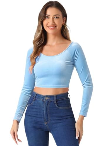 Image of Allegra K Women's Velvet Long Sleeve Crops Off Shoulder Solid Crop Top Slim Fit Saree Blouse Light Blue L