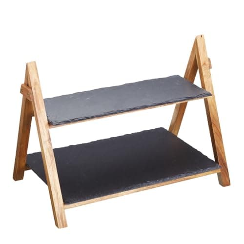 Image of Artesa Tableware, Tiered Slate Serving Platter with Acacia Wood frame, 40 x 30 x 25cm, with Gift Box, Brown