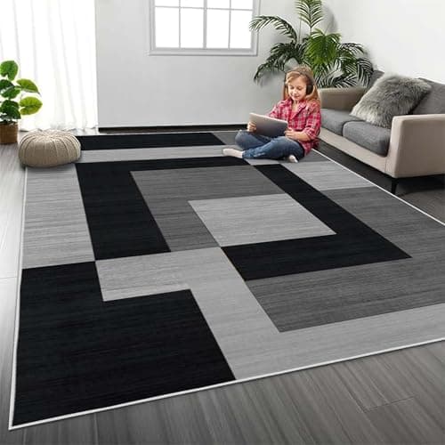 Image of MOONLIGHT20015 Rugs Living Room 120 x 170 cm - Geometric Style Grey Area Rugs for Bedroom Dining Room – Non Slip Large Bedside Rug Printed Carpet for Lounge, Milo Black & Grey