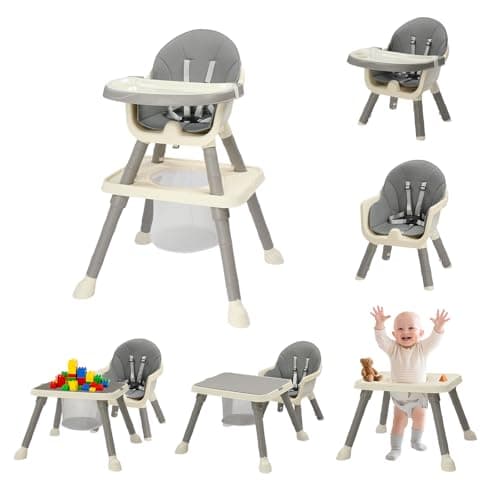 Image of Bonnlo 6-in-1 Convertible Baby High Chair, Adjustable Height with Removable Double Tray & Building Block Table, Multi-Functional Highchair for Toddlers 6-36 Months (Grey)
