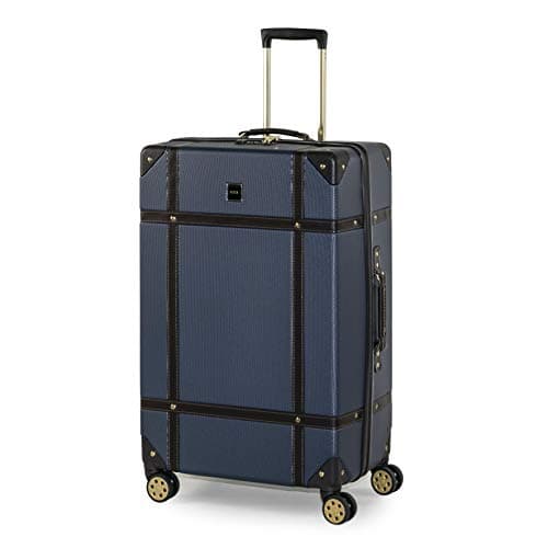 Image of Rock Vintage Large Hard Shell Hold Suitcase in Navy - Nostalgic Design, Dual 360 Swivel-Wheels, Telescopic Handle, Impact-Resistant Material & TSA Combination Lock - 78 x 47 x 30cm 4.6KG