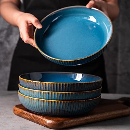 Image of CSYY 4 Pcs Pasta Bowls, 21cm Ceramic Serving Bowls, Blue Round Premium Porcelain Dinner Bowl Sets, 1000ml Bowls Plates Set for Pasta, Salad, Soup, Fruit