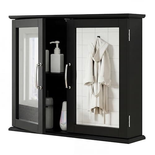 Image of COSTWAY Bathroom Mirror Cabinet, Wall Mounted Storage Cupboard with Double Door & 2-Tier Shelf, Wooden Medicine Cabinet Organiser Unit for Bathroom, Kitchen, Living Room and Hallway (Black)
