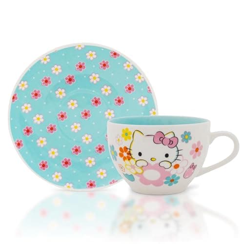 Image of Hello Kitty Sanrio Floral Bone China Teacup and Saucer Set | Tea Party For Coffee, Espresso, Mocha | Holds 7 Ounces