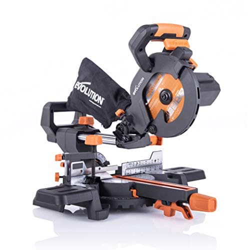 Image of Evolution Power Tools R185SMS+ Compound Saw with Multi-Material Cutting, 45 Degree Bevel, 50 Degree Mitre, 210 mm Slide, 1200 W, 210 mm, 230 V, (3-Year Warranty)