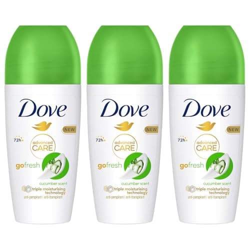 Image of Dove Deodorant Roll On Advance Care Go Fresh Cucumber Scent 72H Odour Protection Anti-Transpirant and Anti-Perspirant for Women with Triple Moisturising Technology 50ml, 3 Pack