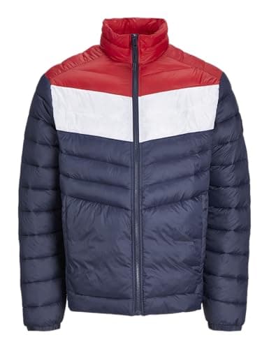 Image of JACK & JONES Mens Quilted Jacket Windproof 100% Nylon Long Sleeve Outdoor Puffer Jacket for Men, Navy Red Colour, Size- L