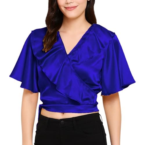 Image of MEEK MERCERY BY KF Satin Belly Dance Ruffle Crop Top | Women's Self-Tie Frill Shirt | Off Shoulder Fancy Costume Blouse | 41 Colour, UK Plus Size S-5XL Royal Blue