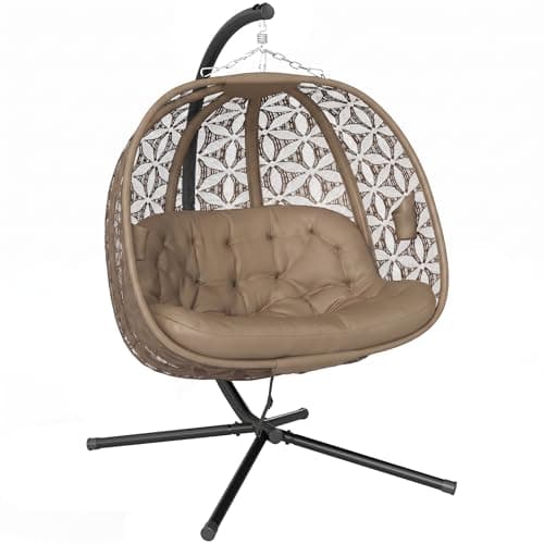 Image of Outsunny Outdoor Double Hanging Chair, Swing Chair with Metal Stand, Thick Padded Cushion, Foldable Basket and Cup Holders, for Indoor and Outdoor, Sand Brown
