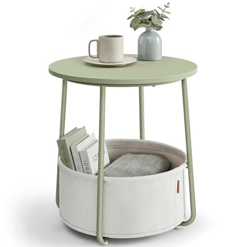 Image of VASAGLE Side Table, Round End Table with Fabric Basket, Spacious, for Living Room Bedroom, Bedside Table, Modern Style, Laurel Green and Cream White LET223C69
