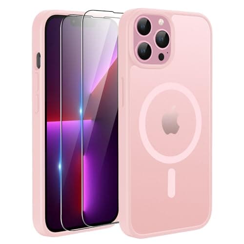 Image of TQIAHF Magnetic Phone Case for iPhone 13 Pro Case with 2 Tempered Glass Screen Protector Compatible with MagSafe Military Grade Translucent Matte Phone Cover for iPhone 13 Pro,Pink